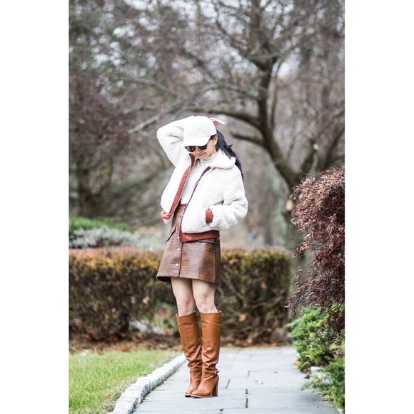 Blank NYC Jacket Faux Sherpa Leather Trim Beige Brown Full Zip - Picture 5 of 15